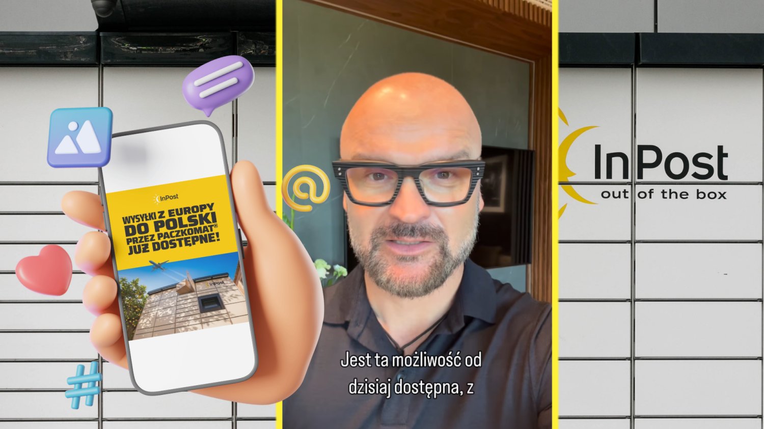 Rafał Brzoska opowiadający na Instagramie o nowej funkcji InPost Mobile. Aplikacja InPost Mobile na telefonie. W tle jeden z paczkomatów InPost.