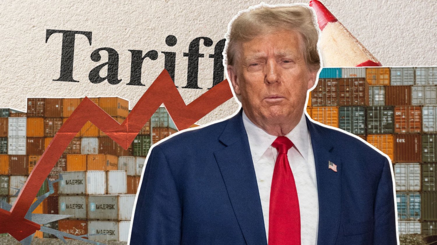 Rok z cłami Donalda Trumpa. Kto zyskał, a kto poniósł największe koszty Donald Trump na tle taryf, czerwonej strzałki i kontenerów.