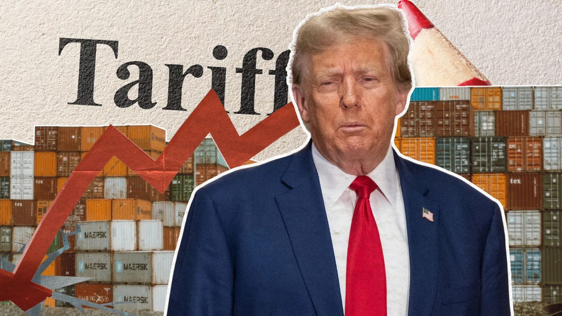 Rok z cłami Donalda Trumpa. Kto zyskał, a kto poniósł największe koszty Donald Trump na tle taryf, czerwonej strzałki i kontenerów.