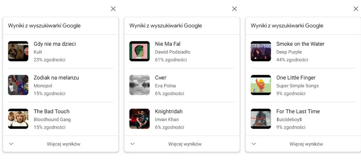 Przykładowe trzy piosenki rozpoznane przez Google (Gdy nie ma dzieci, Nie ma fal i Smoke on the water).