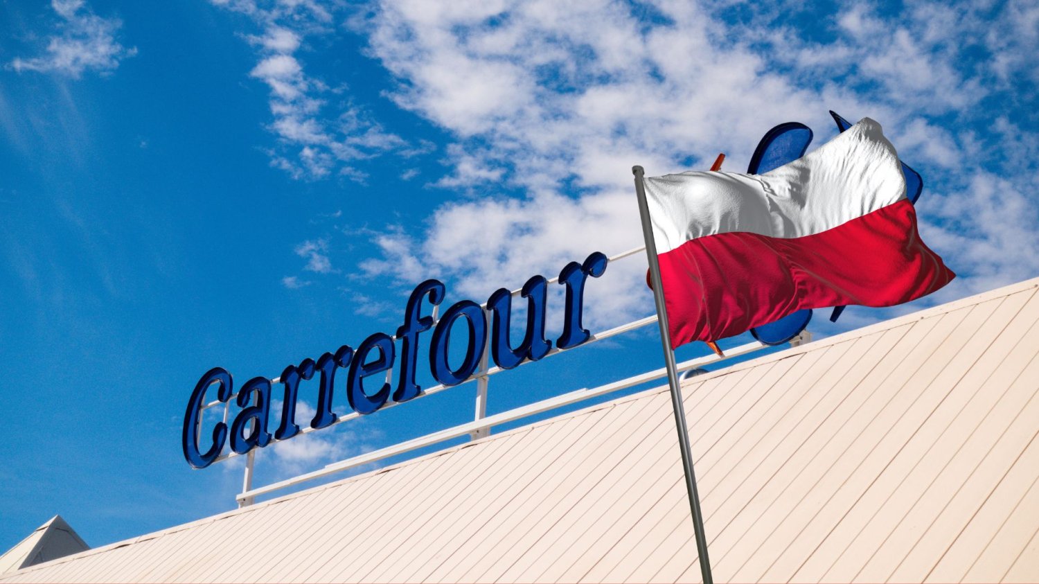 Polska flaga na tle logo Carrefour. Czy przejęcie francuskich sklepów przez rząd jest dobrym pomysłem?