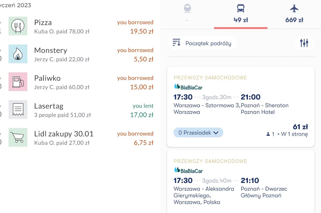 Zrzut ekranu z aplikacji Splitwise i Omio.