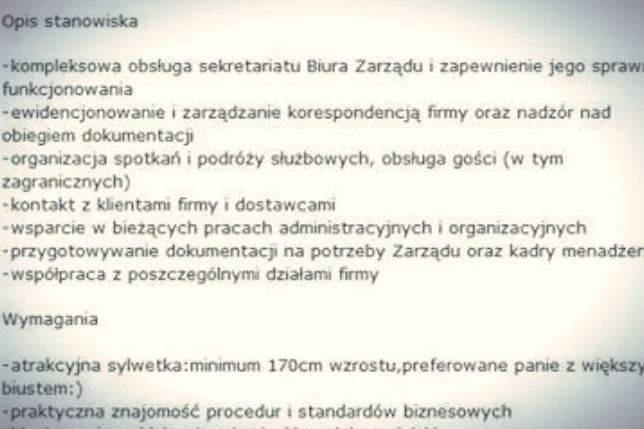 Jedna z ofert z fanpejdża Ch*** oferty pracy.