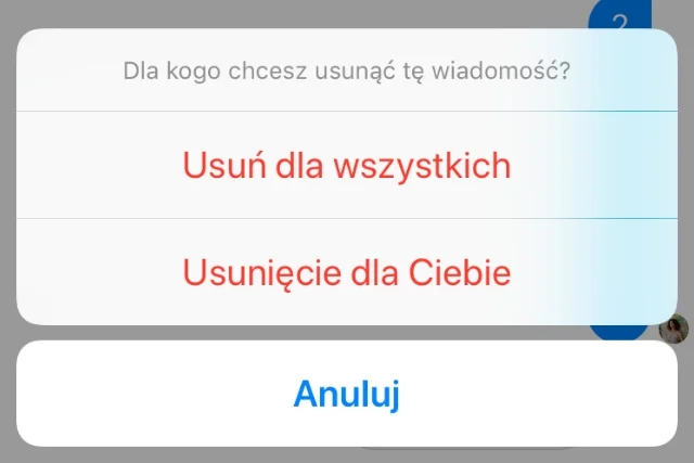 Aby usunąć wiadomość po obu stronach czatu, należy wybrać opcję "Usuń dla wszystkich".
