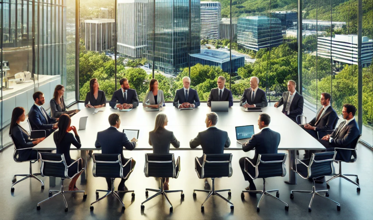 Grafika wygenerowana przez DALL-E. Prompt: Wygeneruj zdjęcie spotkania biznesowego w Dolinie Krzemowej.