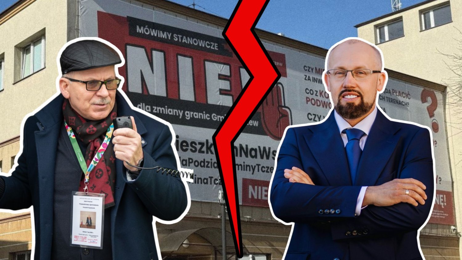 Prezydent miata Tczew, Łukasz Brządkowski, wójt gminy Tczew Krzysztof Augustyniak, baner na budynku.