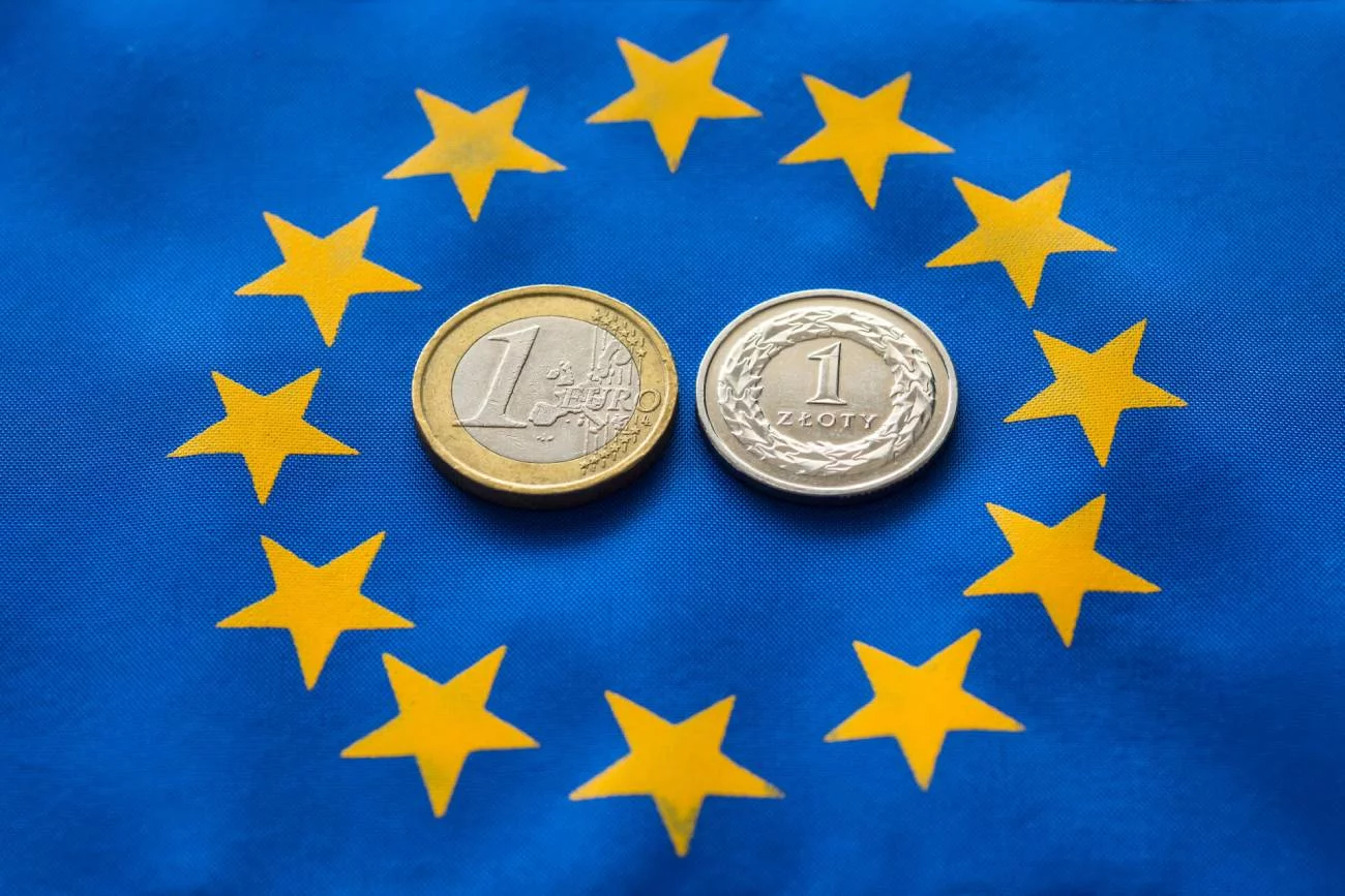 Złotówka i Euro na tle flagi UE
