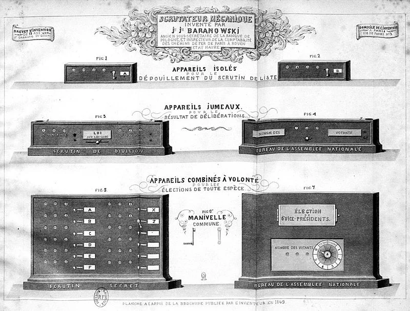 Maszyna do obliczania głosów oddanych w wyborach wynaleziona w 1848 roku przez Jana Baranowskiego
