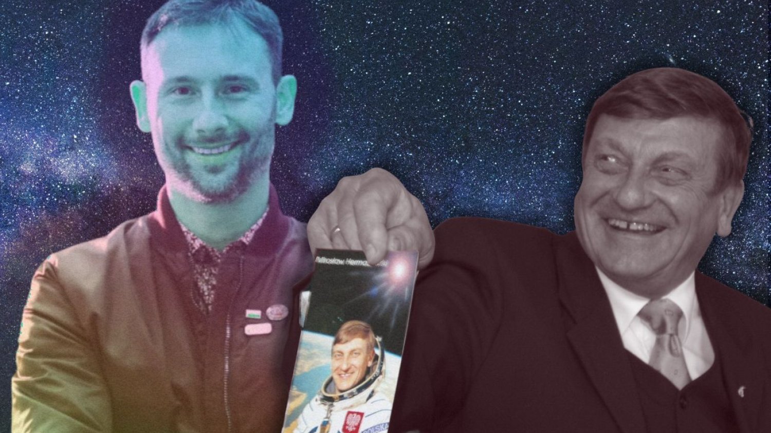 Mirosław Hermaszewski ze swoim zdjęciem. W tle Sławosz Uznański-Wiśniewski.