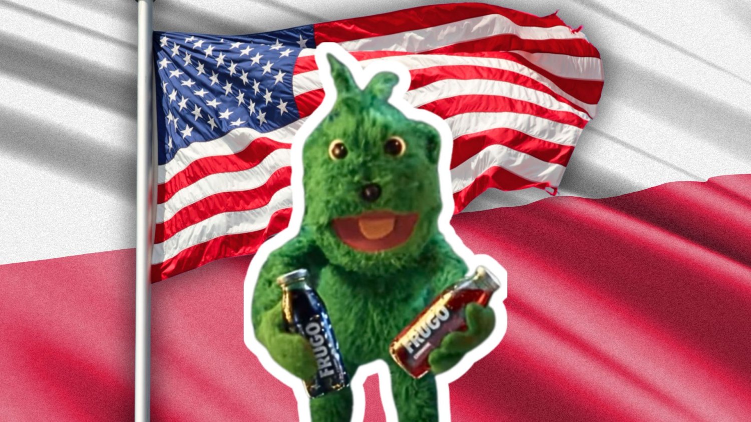 Kultowe "klik" FRUGO znów w sklepach. Legendarny napój powraca i rusza na podbój USA. Frugon z kampanii reklamowej marki FRUGO na tle flagi USA i Polski.