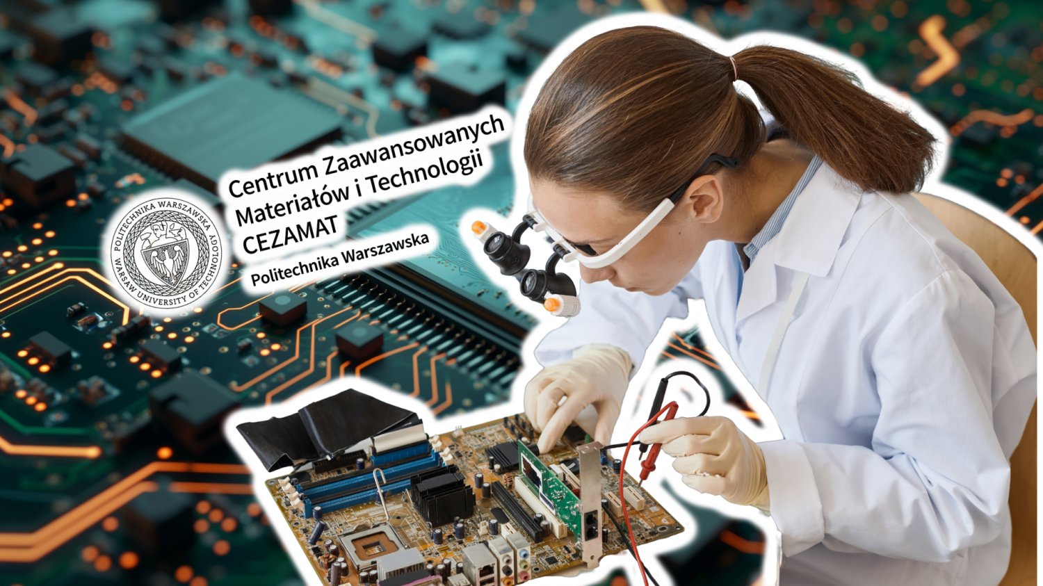 Polska i Francja łączą siły w półprzewodnikach. Stawką jest niezależność Naukowiec naprawiający chip. W tle chip. Logo CEZAMAT Politechnika Warszawska