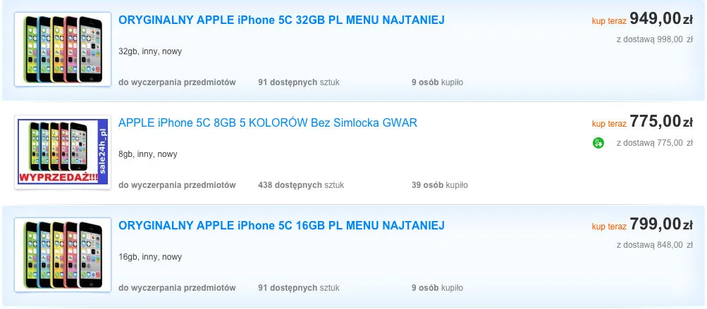 Ceny iPhone'a 5c na stronie Allegro.pl.