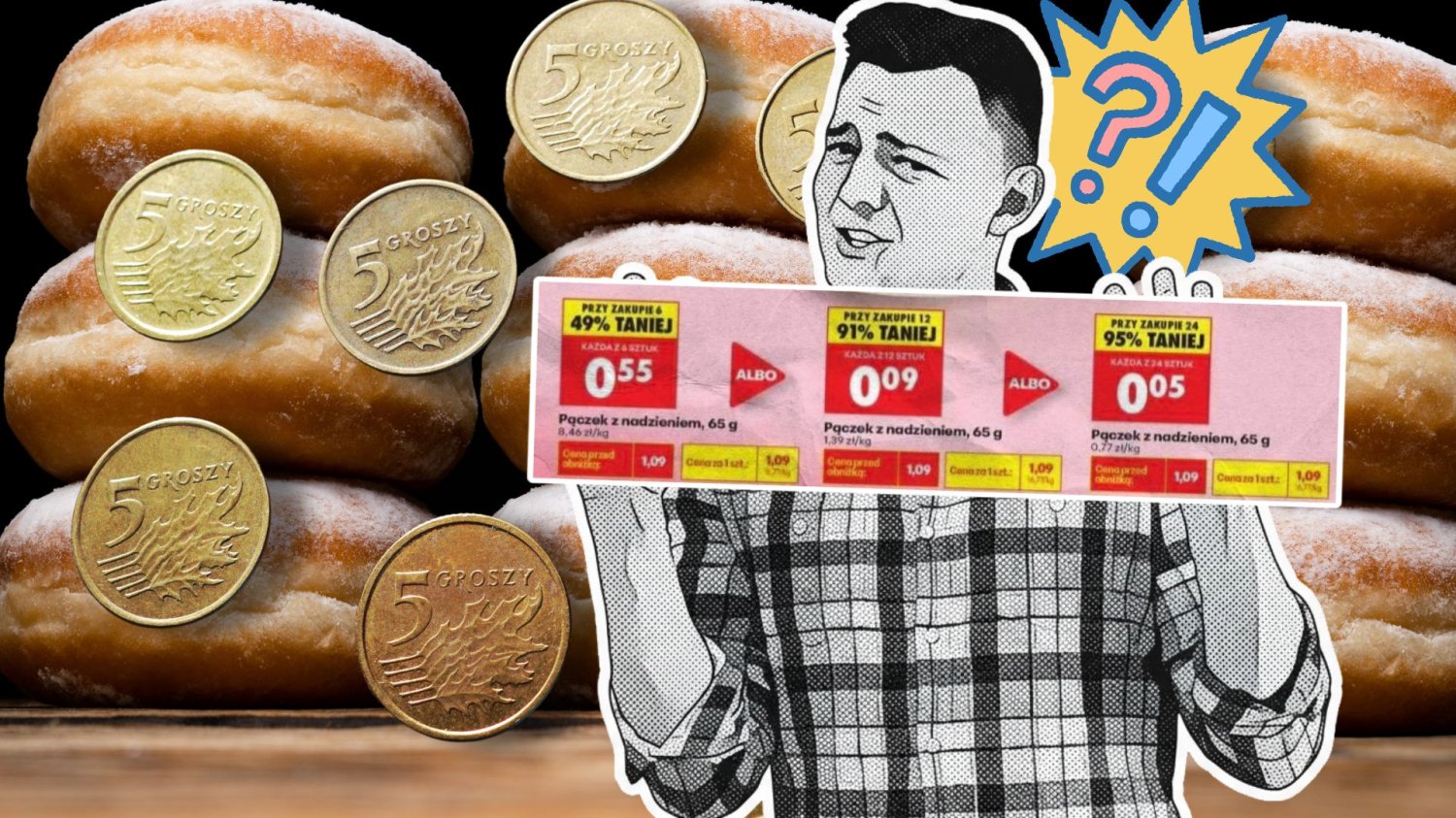 Mężczyzna trzyma promocje na pączki za 5 groszy, w tle pączki i grosze. Biedronka i Lidl w tym roku jeszcze bardziej obniżyły ceny za pączki.