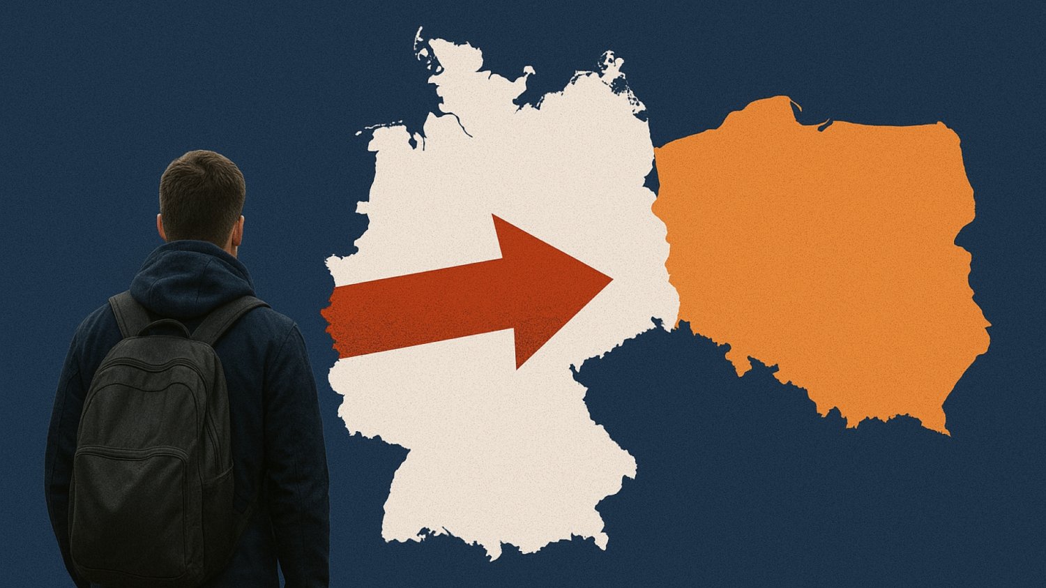 Polacy opuszczają Niemcy – alarm dla gospodarki. Opieka, logistyka i budownictwo zagrożone. Osoba z plecakiem na tle konturów Polski i Niemiec. Polacy opuszczają Niemcy – alarm dla gospodarki. Opieka, logistyka i budownictwo zagrożone.
