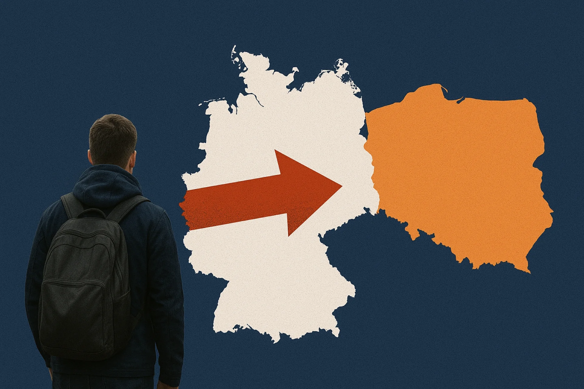 Osoba z plecakiem na tle konturów Polski i Niemiec. Polacy opuszczają Niemcy – alarm dla gospodarki. Opieka, logistyka i budownictwo zagrożone.