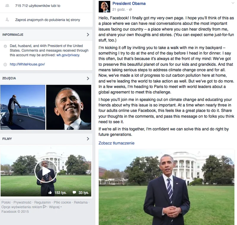 Prezydent Barack Obama dołączył do międzynarodowej społeczności Facebooka. W pierwszym opublikowanym przez siebie poście przywitał się z internautami i zachęcił do dyskusji na ważne tematy