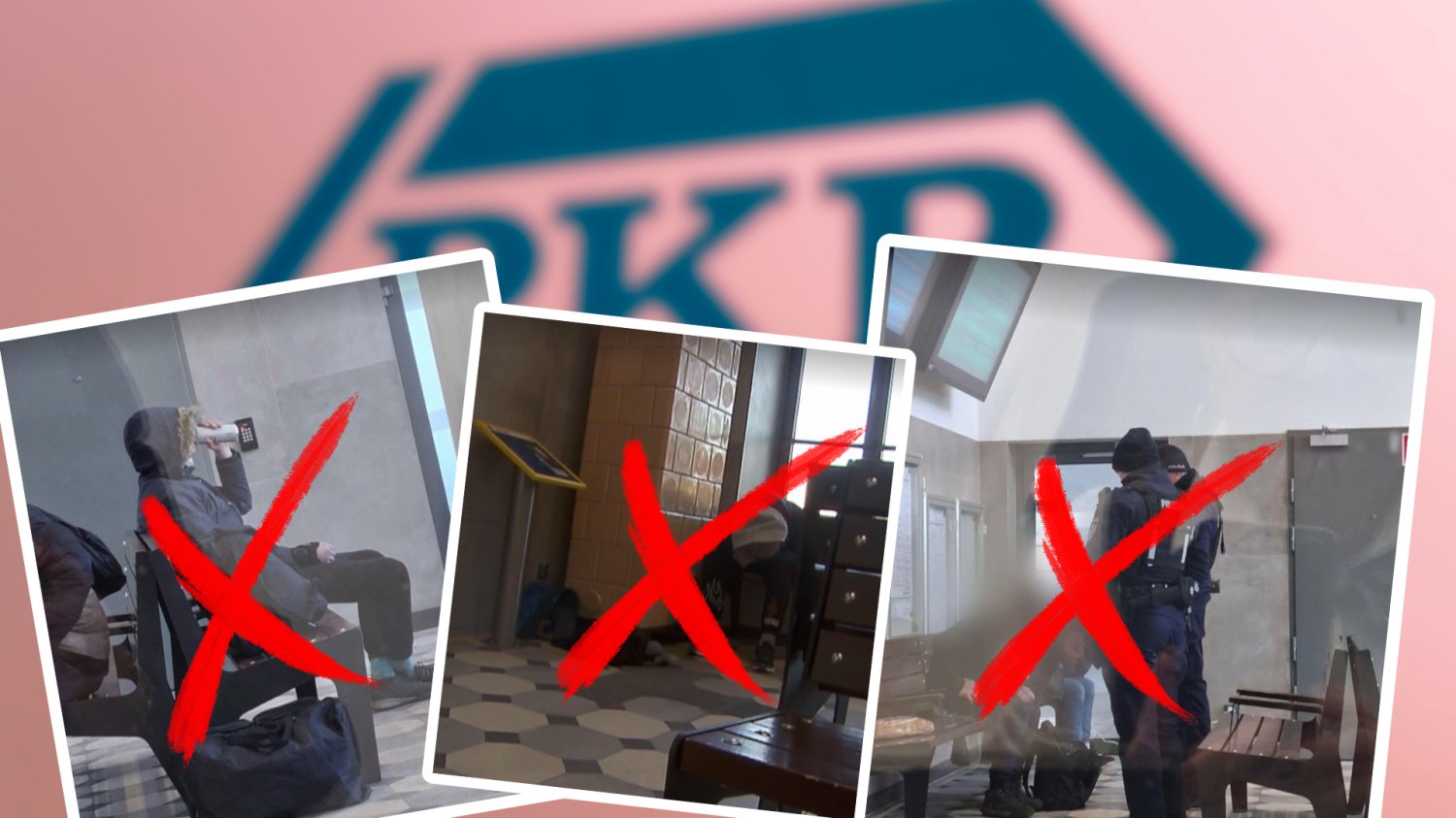 Fotografie z dworca PKP w Sochaczewie. Przekreślone czerwonymi X. W tle rozmazane logo PKP.