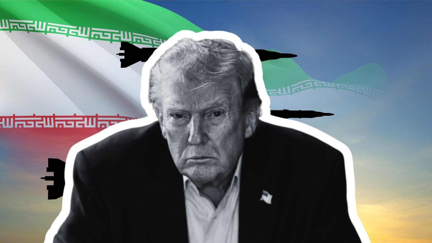 Wrzodziejący czyrak na mapie świata. Brak planu USA w Iranie uderzy w portfel każdego Polaka Donald Trump na tle nieba, flagi Iranu i lecących rakiet