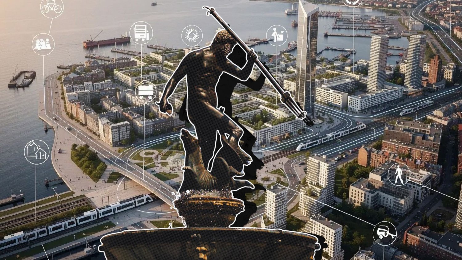 Gdański Neptun na tle wizualizacji trójmiasta przyszłości.
