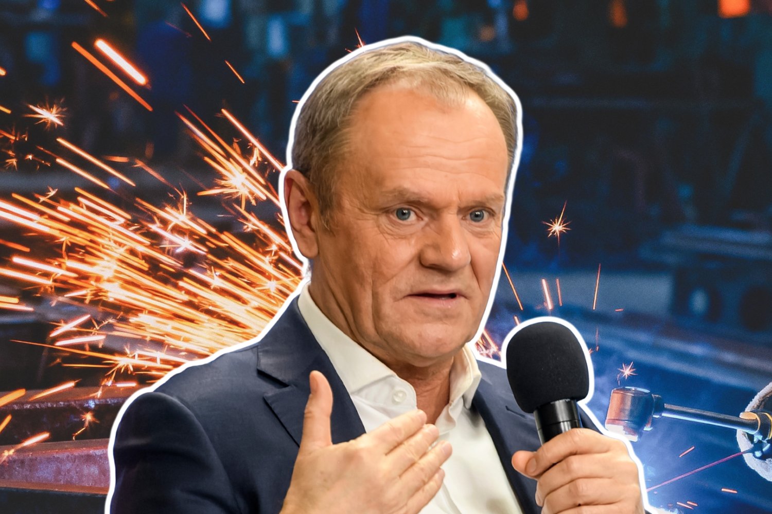 Donald Tusk. W tle spawacz i iskry.