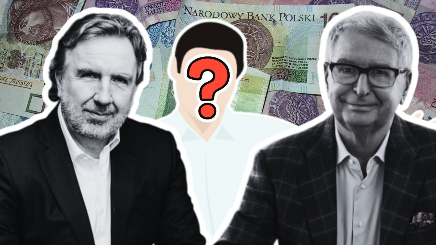 Michał Sołowow, Jerzy Starak i postać nieznanego mężczyzny na tle banknotów