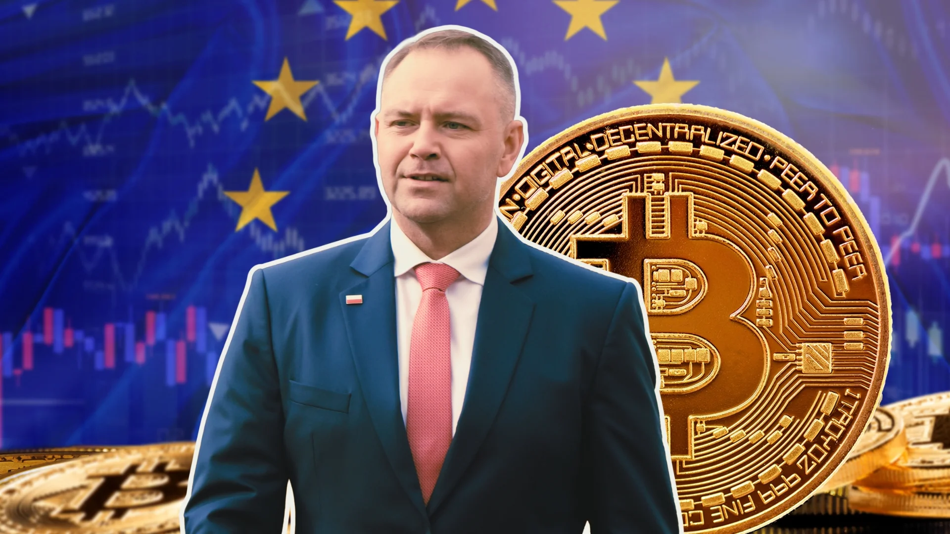 Bruksela traci cierpliwość do Polski. Trzy weta Nawrockiego to za dużo Flaga Unii Europejskiej. Karol Nawrocki. Monety Bitcoin w tle