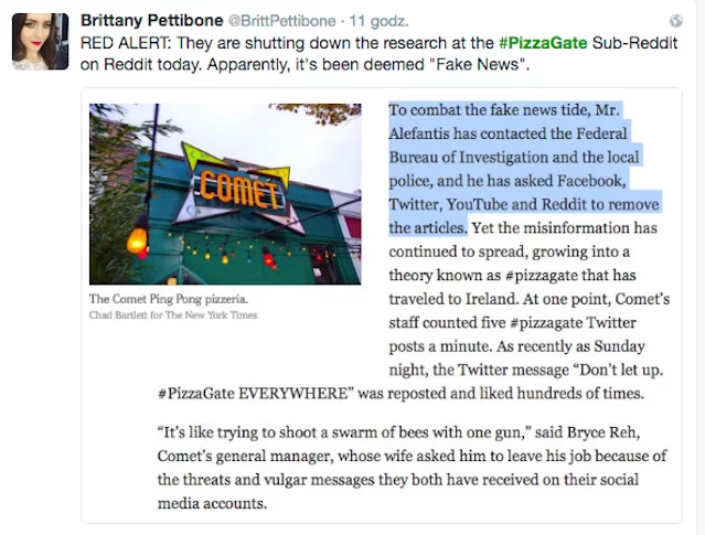 Reakcja na artykuł, dementującym teorie spiskową, dotyczącą Pizza Gate.