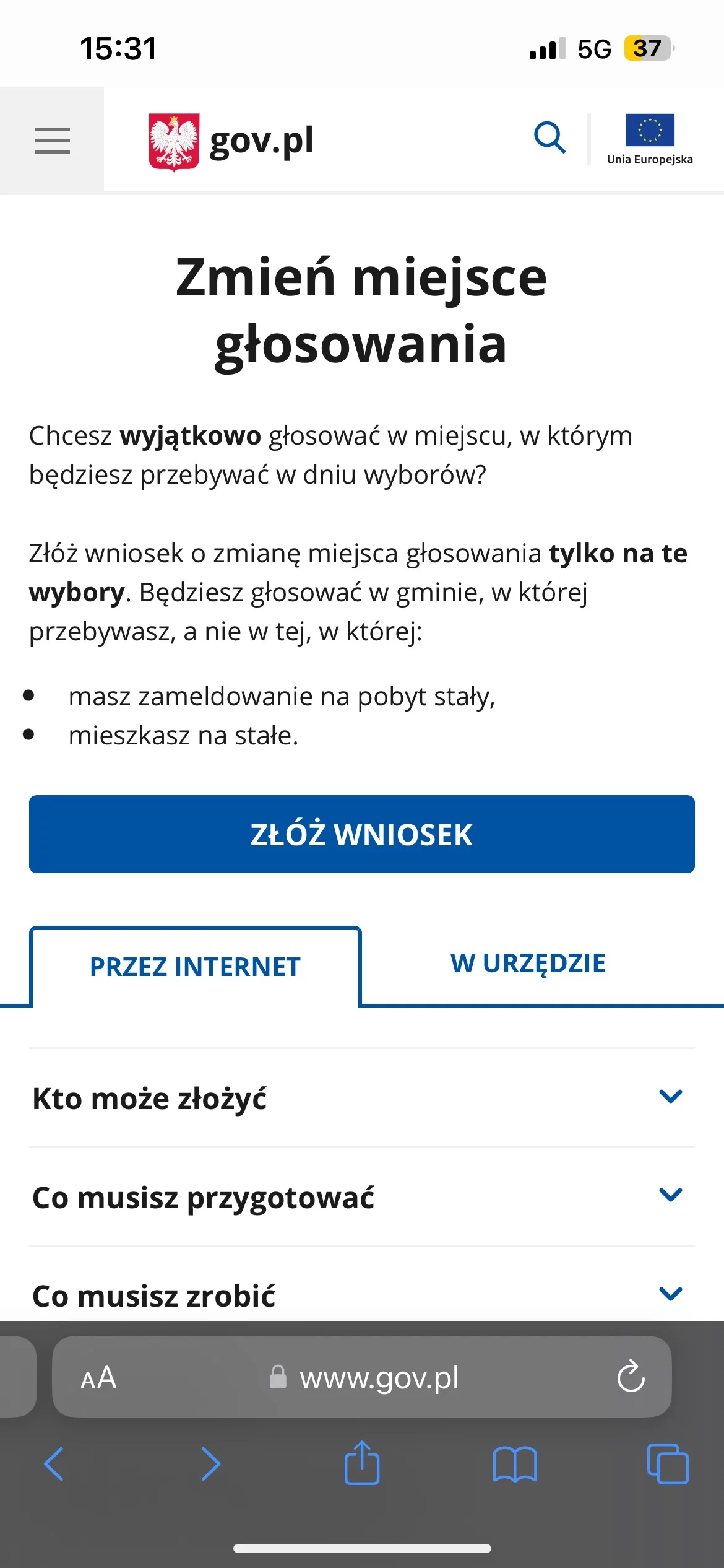 Screen przedstawia komunikaty prezentowane użytkownikowi, który składa wniosek o możliwość głosowania w wyborach 2023 poza miejscem zameldowania Screen przedstawia komunikaty prezentowane użytkownikowi, który składa wniosek o możliwość głosowania w wyborach 2023 poza miejscem zameldowania