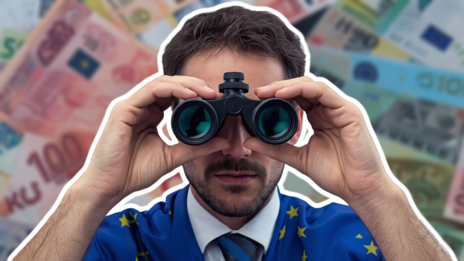 Mężczyzna w koszuli z flagą unii europejskiej z lornetką. W tle pieniądze