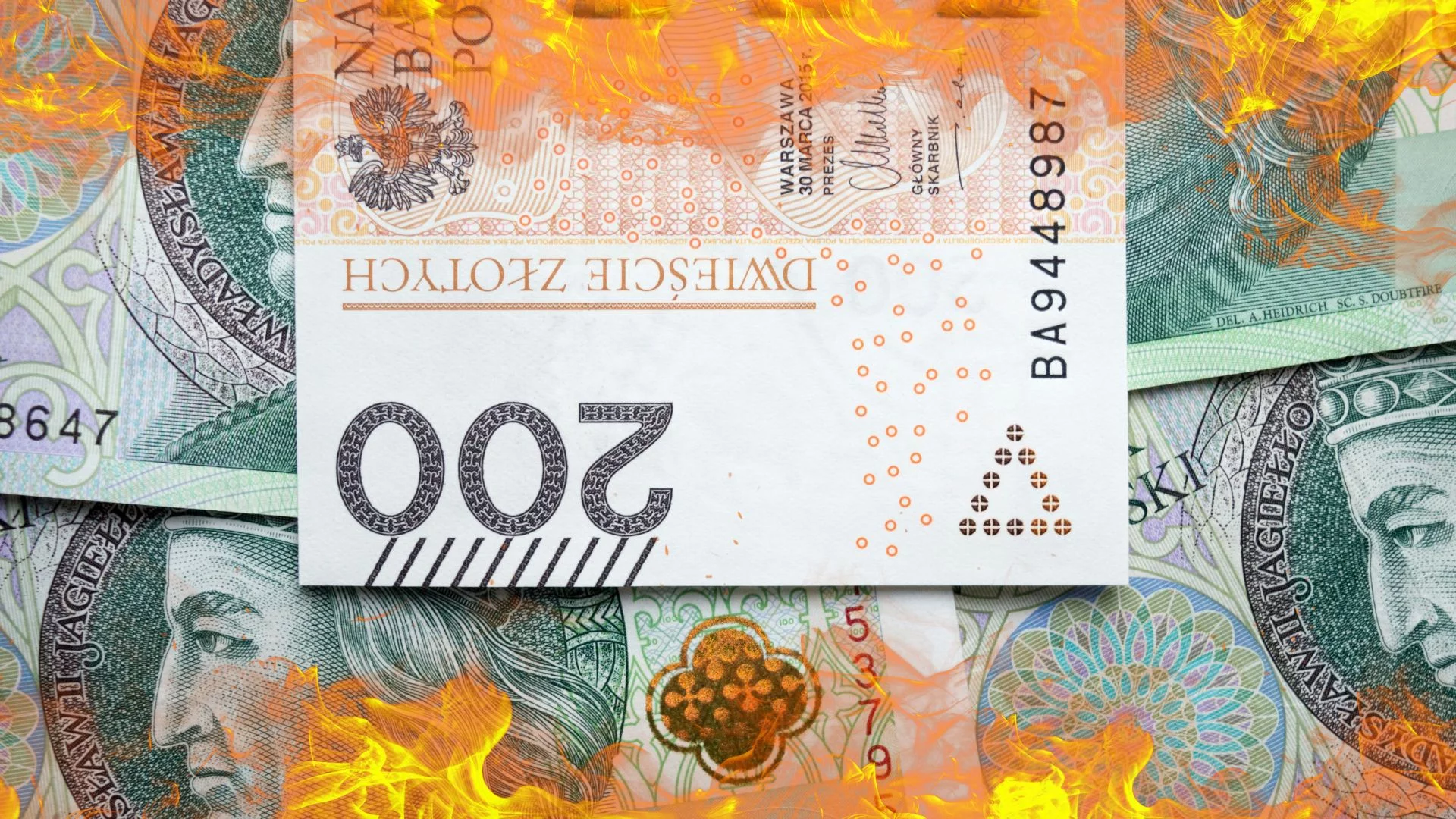 Banknoty dwustu- i stuzłotowe w płomieniach.