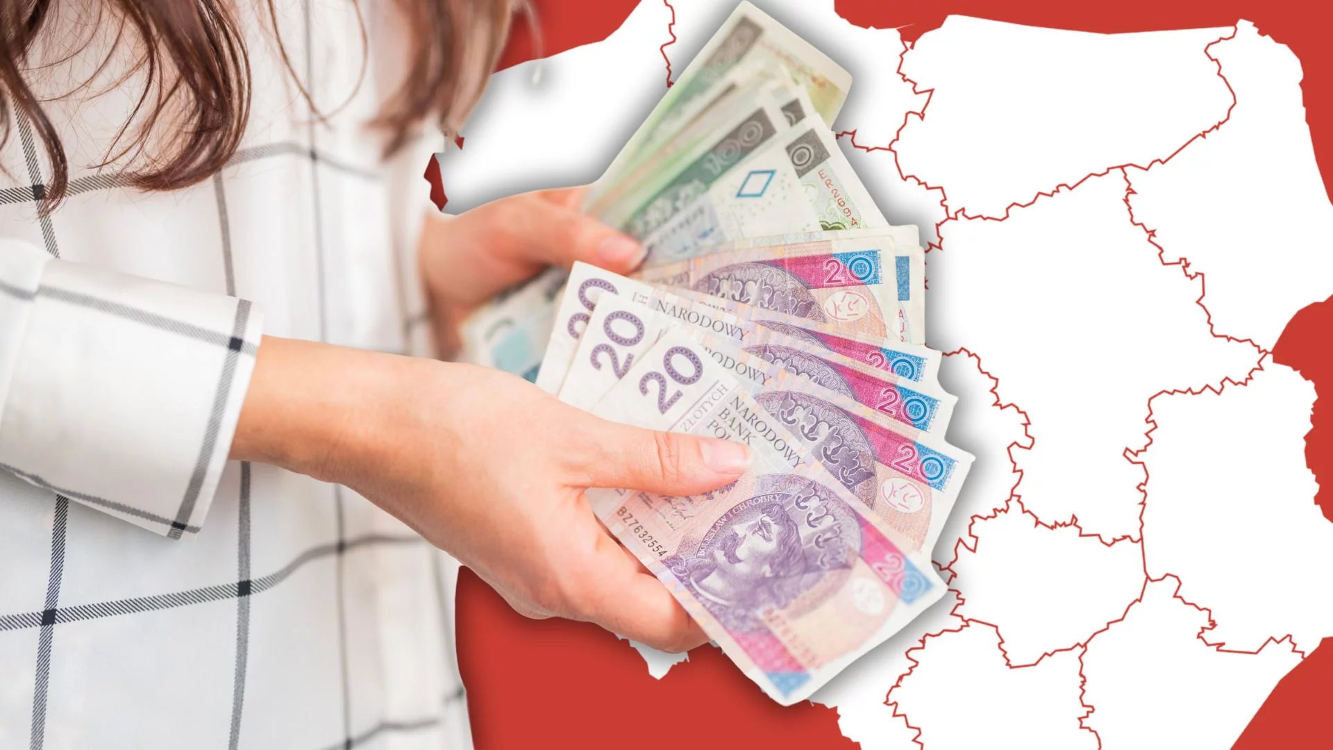Tyle przeciętnie zarabiamy w każdym województwie. Między nimi jest przepaść Kobieta trzyma pieniądze na tle podziału administracyjnego Polski. GUS publikuje nowy raport o zarobkach.