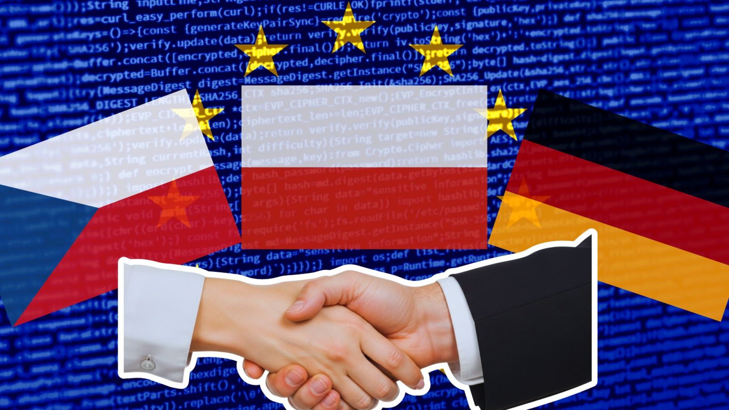 Flaga UE, Polski, Niemiec i Czech oraz uścisk dłoni. Polska, Niemcy i Czechy z kwantowym sojuszem Innowacja powstrzyma hakerów