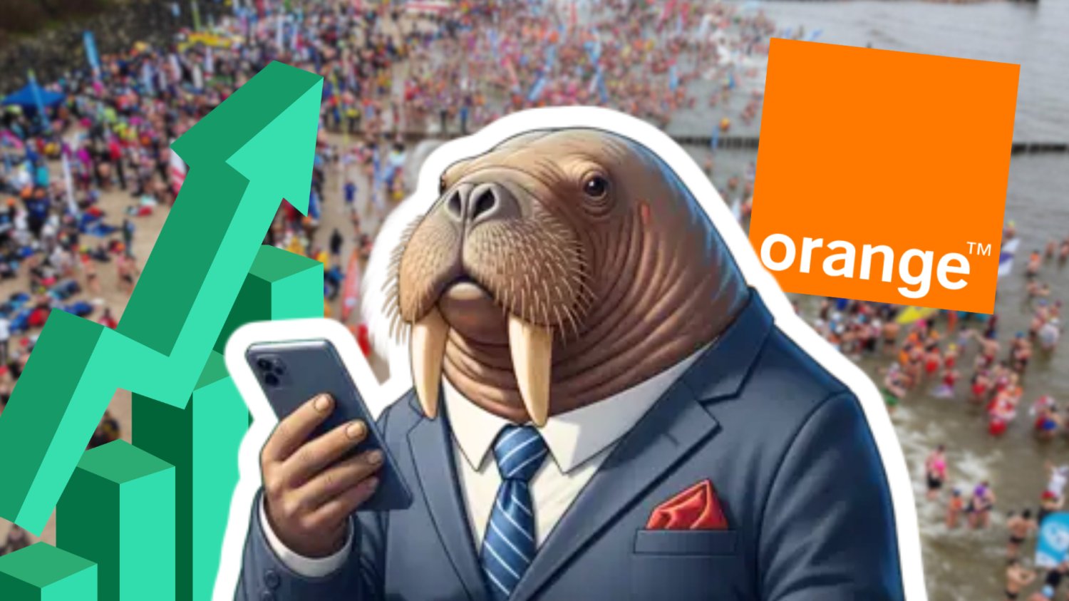 Ferie rozgrzały sieć Orange. Nawet morsy zanurkowały w gigabajtach. Mors w garniturze z telefonem w reku. W tle Bałtyk i zlot morsów w Mielnie. Logo Orange i wykres slupkowy.