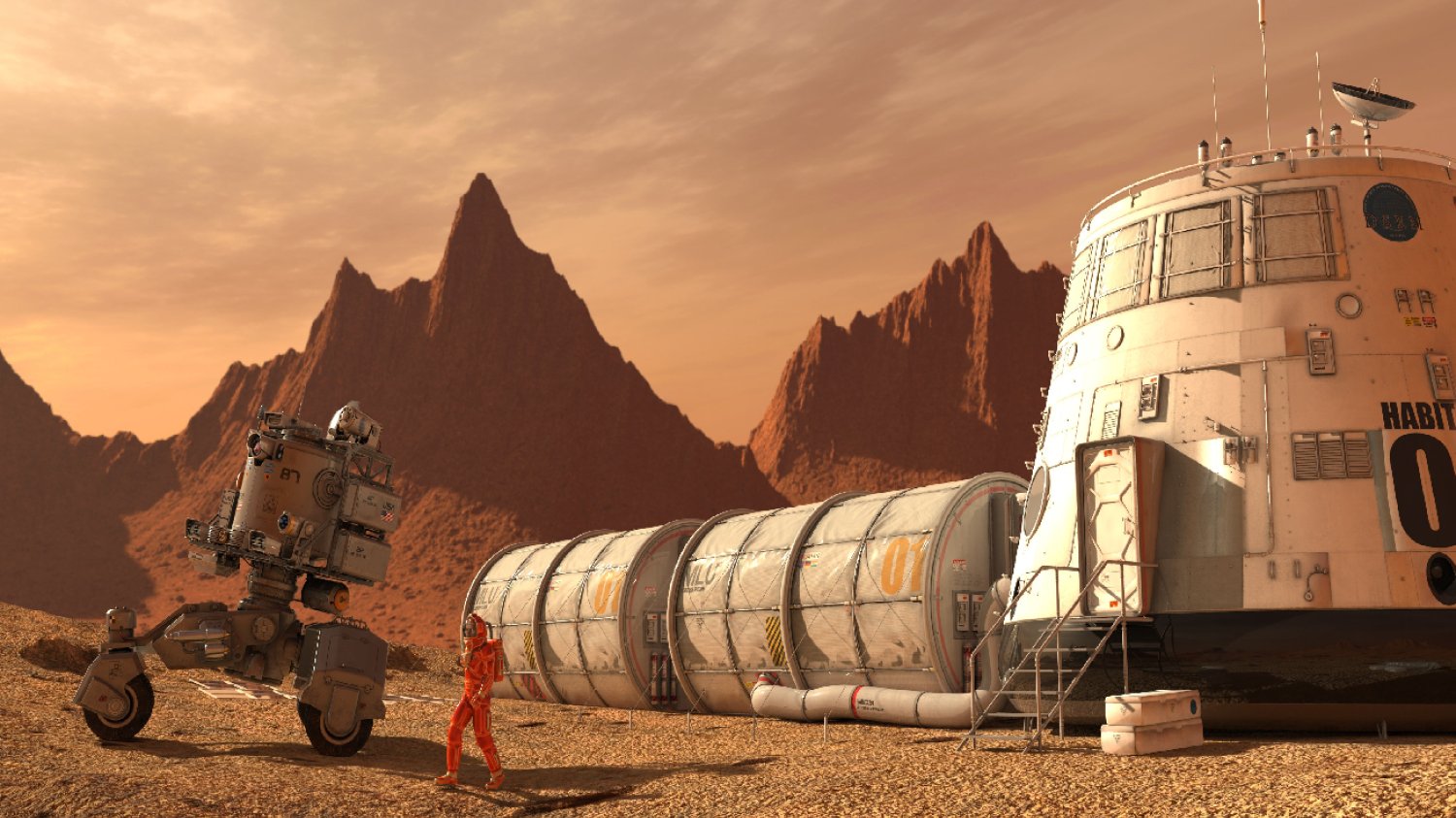 człowiek i łazik na czerwonej planecie Mars
