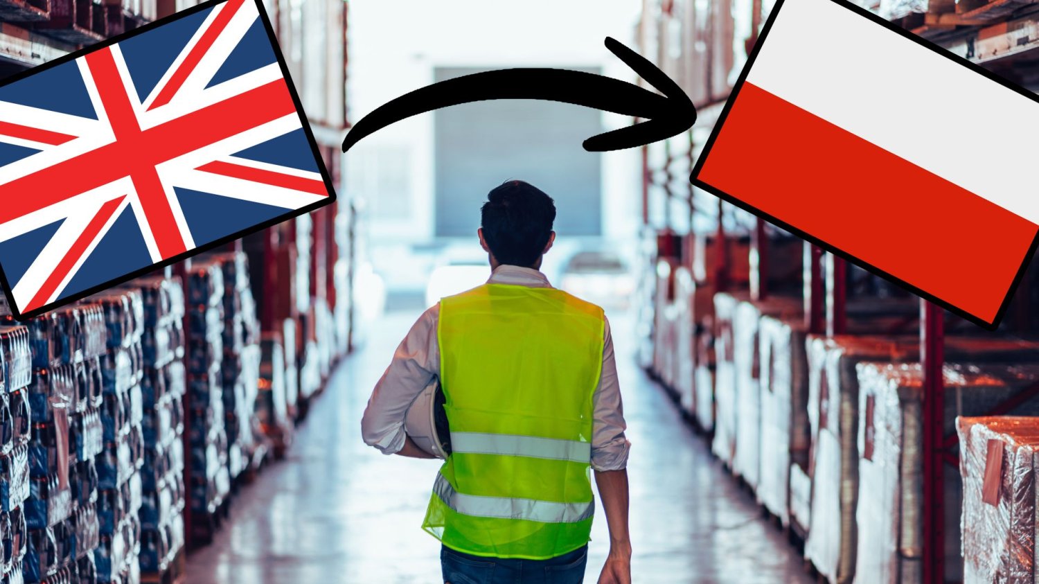 Polska hubem dla e-handlu z UK. Brytyjczycy uciekają z magazynami do nas Pracownik magazynu flaga Wielkiej Brytanii i strzałka z niej do flagi Polski. E-handel z UK dobija się do Polski. Brytyjczycy uciekają z magazynami do nas.