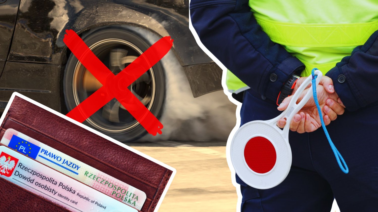 Nowe przepisy na drogach. Bat na patokierowców i prawo jazdy dla 17-latków Driftujący samochód z przekreślonym kołem, policjant trzymający lizaka oraz portfel z dowodem osobistym i prawem jazdy