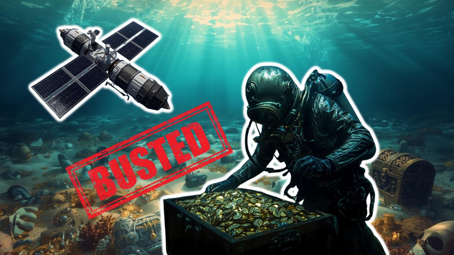 Dno Bałtyku to nasz nowy skarb. Polska będzie go strzec z kosmosu Nurek złodziej, kradnący skarby ze skrzyni pełnej złota. Nad nim satelita i napis busted.