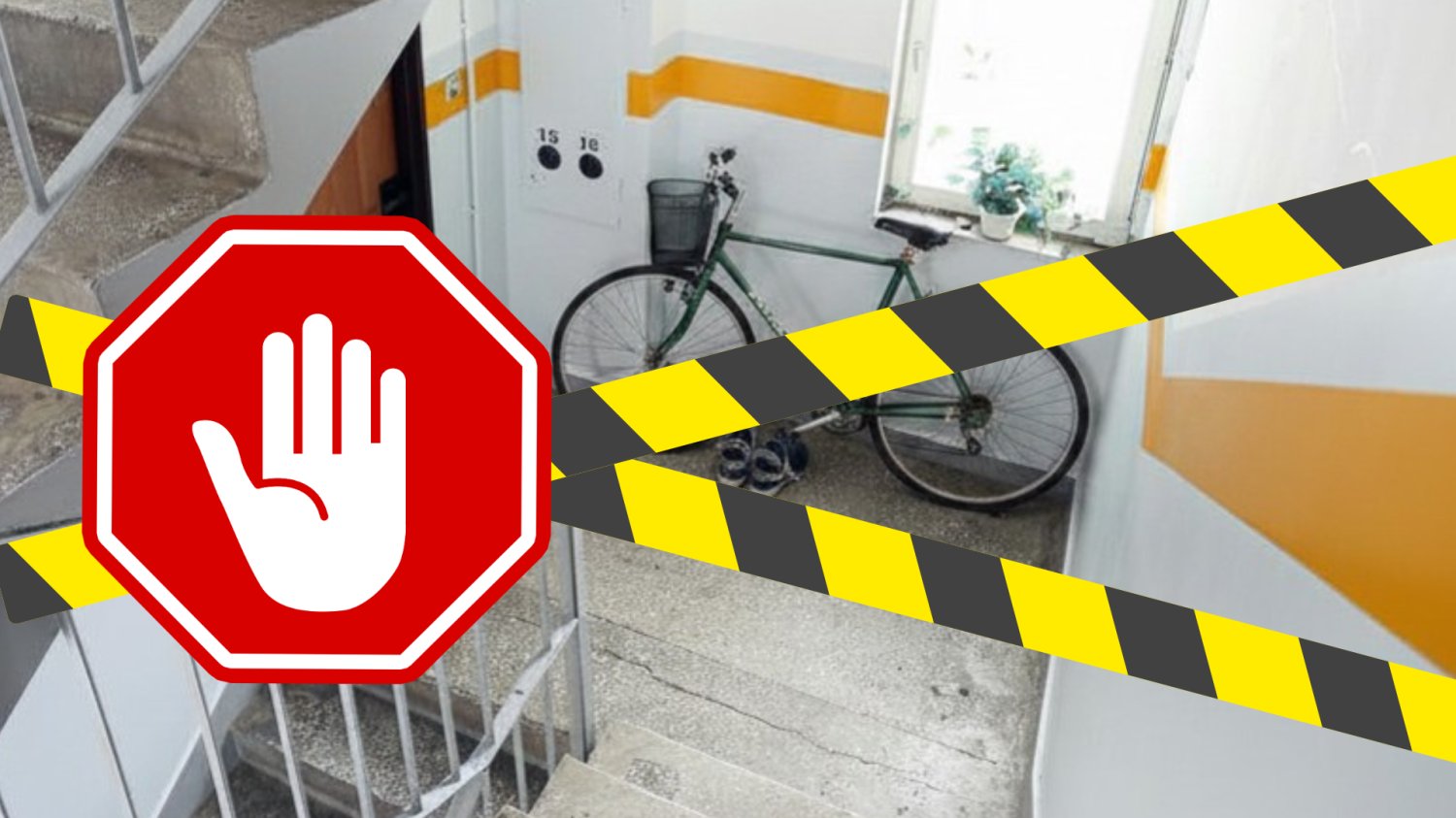 Rower i buty na klatce schodowej. Przekreślony czarno żółtymi pasami i znak stop wykonany ręką.