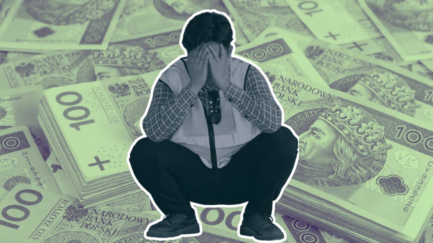 Smutny pracownik na tle pieniędzy. PIP informuje, że statystyki nieprawidłowości związanych z wynagrodzeniem i zatrudnieniem nadal są wysokie.