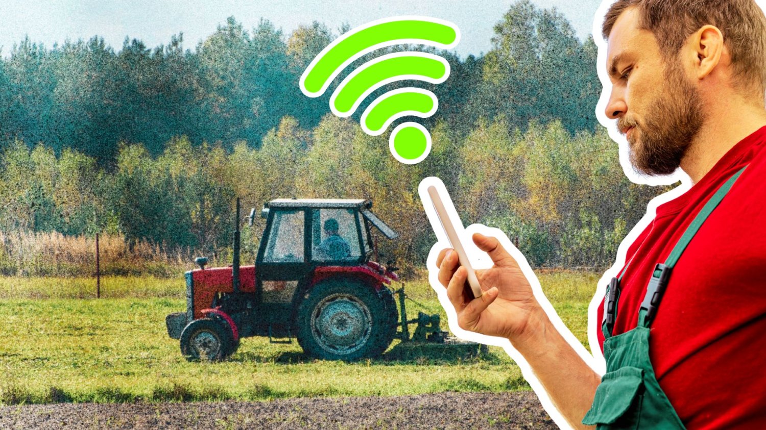Traktor na polu oraz rolnik z telefonem i znak Wifi. Smart village wkracza do Polski. Rząd daje miliony na nowy program