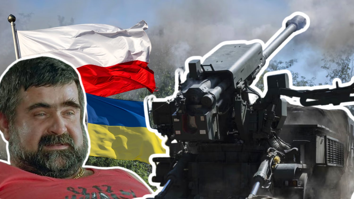 Janusz Rewiński jako Siara. W tle flagi Polski i Ukrainy. Armatohaubica Bogdana.