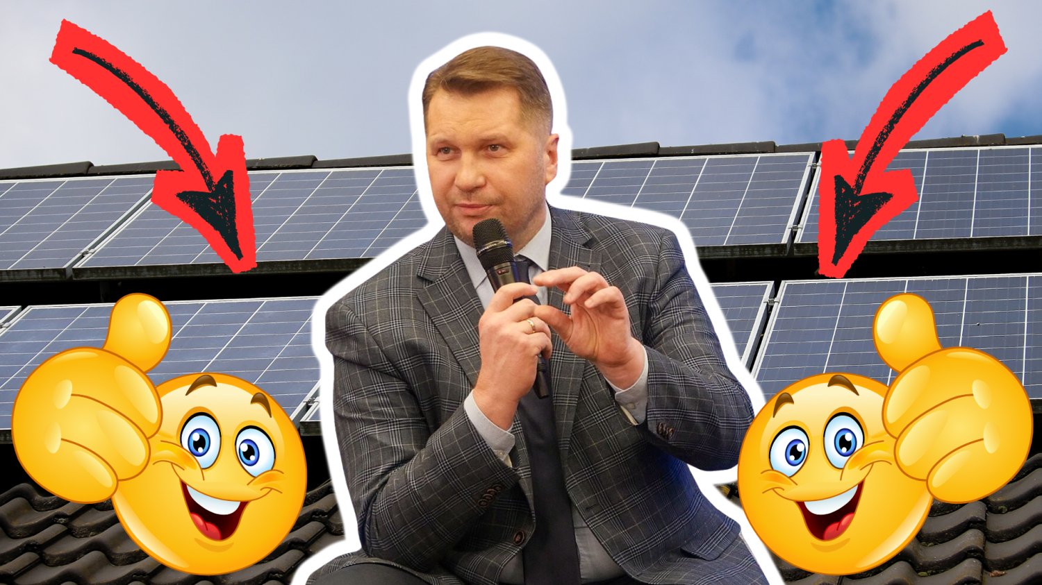 Przemyslaw Czarnek siedzi na dachu. W tle fotowoltaika na dachu. Usmiechniete emotki z kciukiem w gore i czerwone strzalki