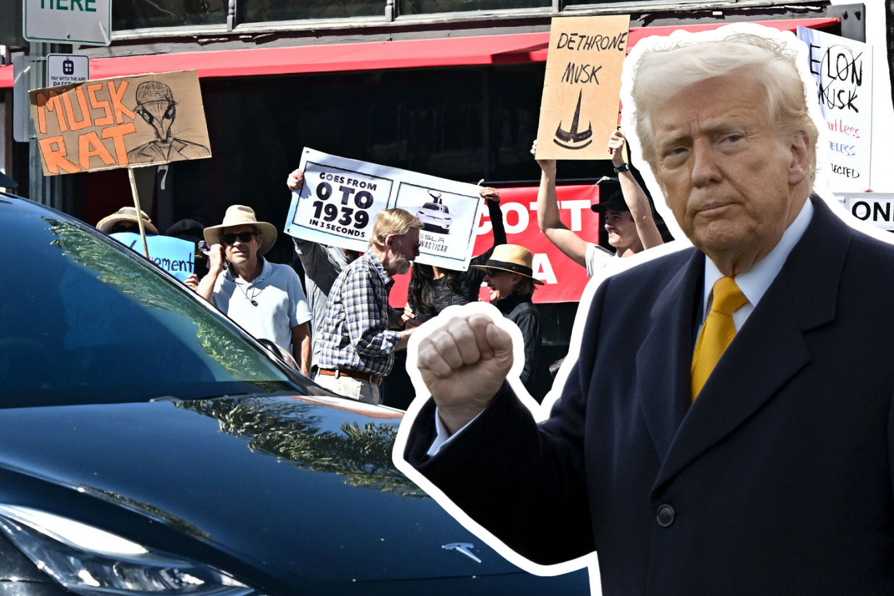 Donald Trump na tle protestów przeciw Tesli i Elonowi Muskowi.