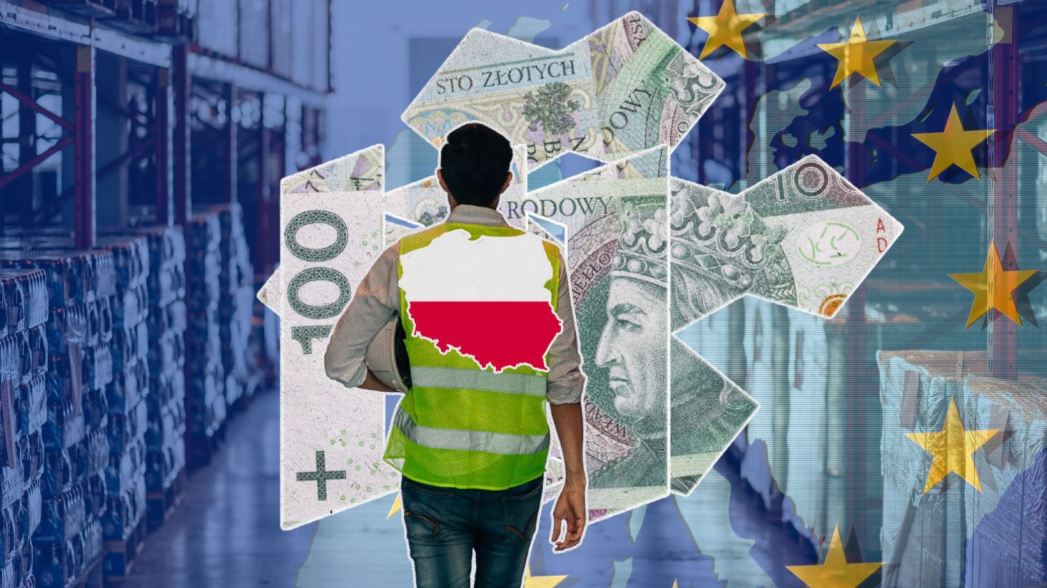 Polski pracownik na tle banknotu 100 zł i mapy Europy.