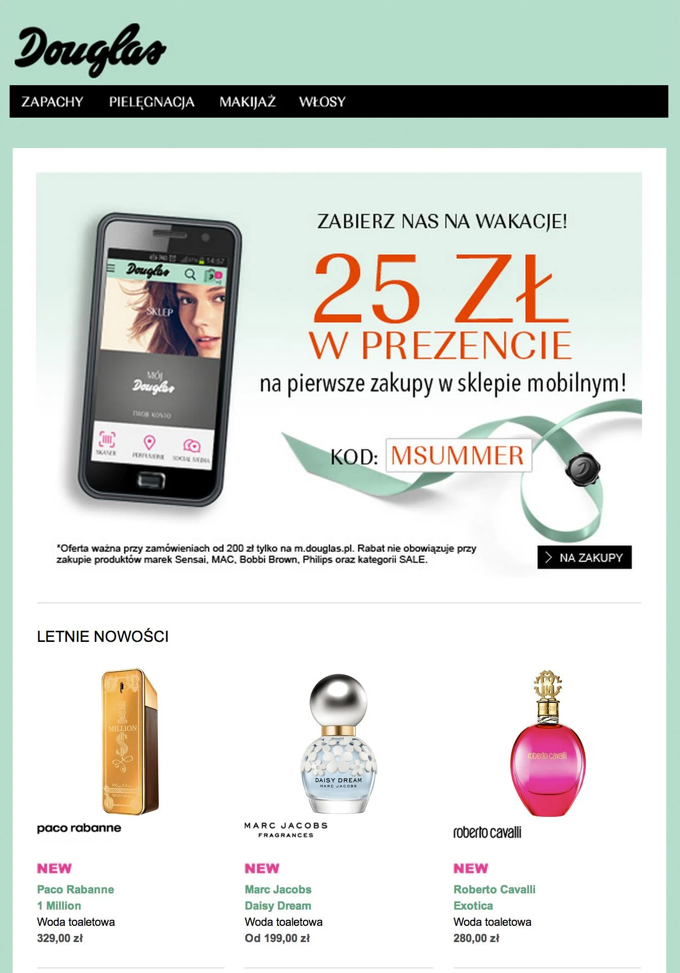 Fragment newslettera marki Douglas, oferującej kod rabatowy na pierwszy zakup przy użyciu aplikacji mobilnej