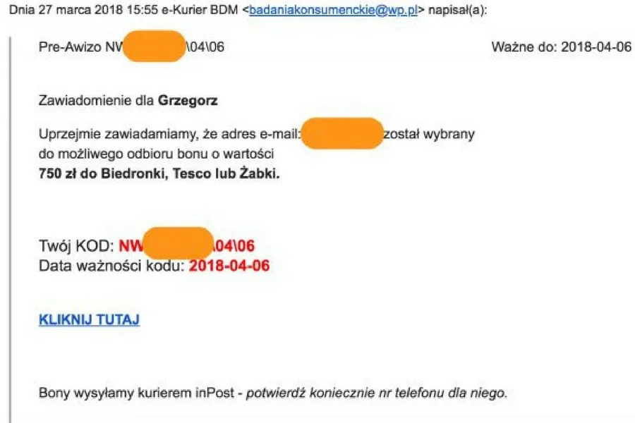 Podgląd wiadomości z rzekomą ofertą przygotowany przez portal Niebezpiecznik.pl.