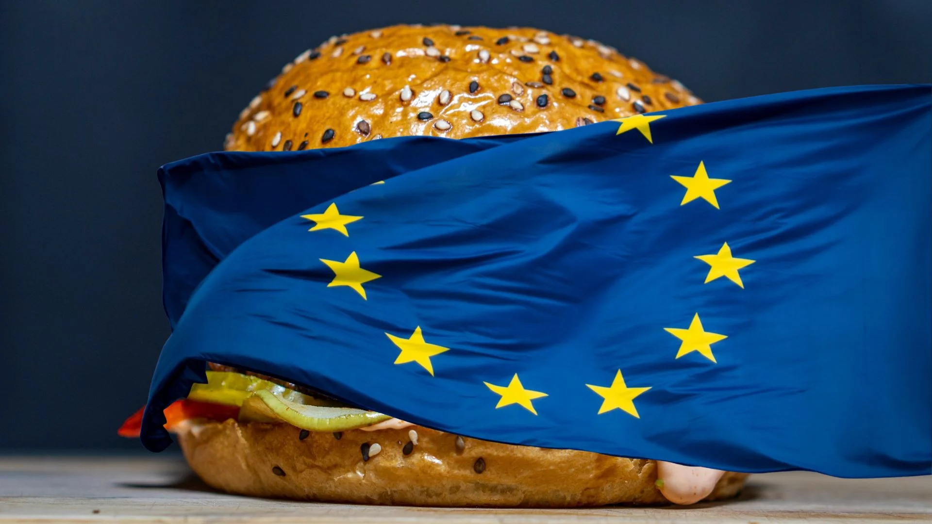 Na zdjęciu widać burgera, częściowo zakrytego granatową flagą Unii Europejskiej z żółtymi gwiazdami. Flaga faluje, a w tle panuje ciemność, która podkreśla kolory.