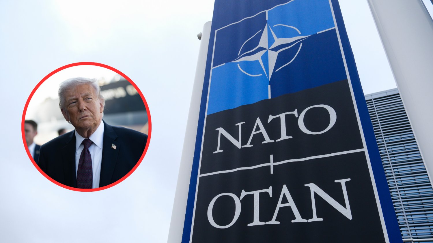 Trump uderza w NATO i mówi o wycofaniu USA. Sojusz przestaje być pewnikiem Logo NATO. W kółku Donald Trump.