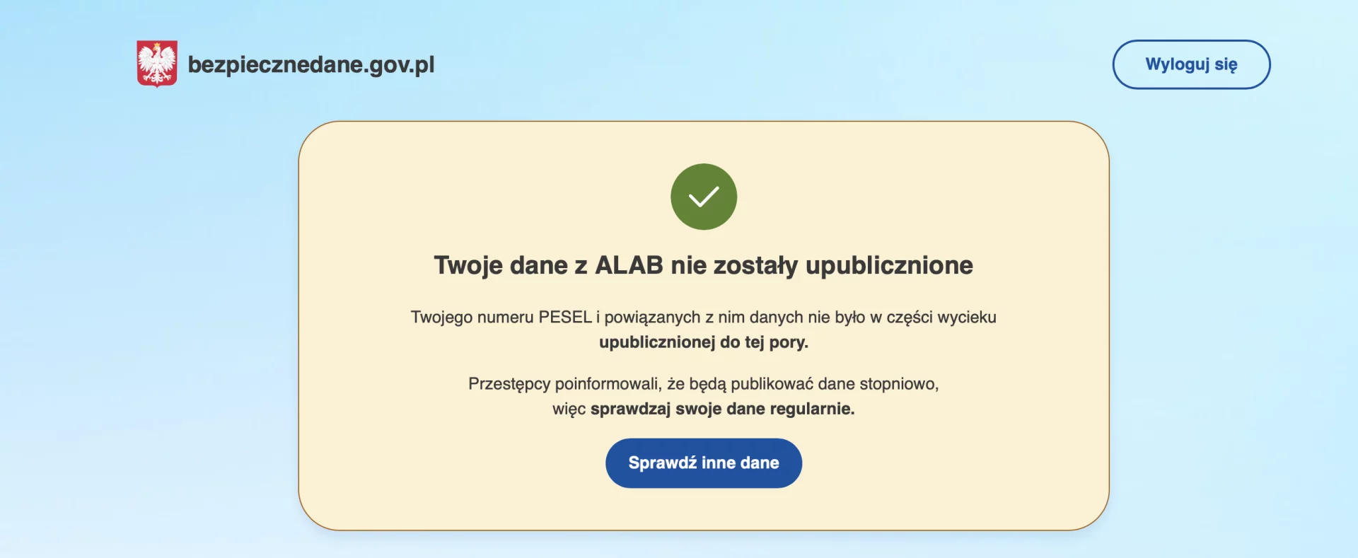 Komunikat, który wyświetla się po pozytywnym przejściu procesu logowania na rządowej stronie bezpiecznedane.gov.pl