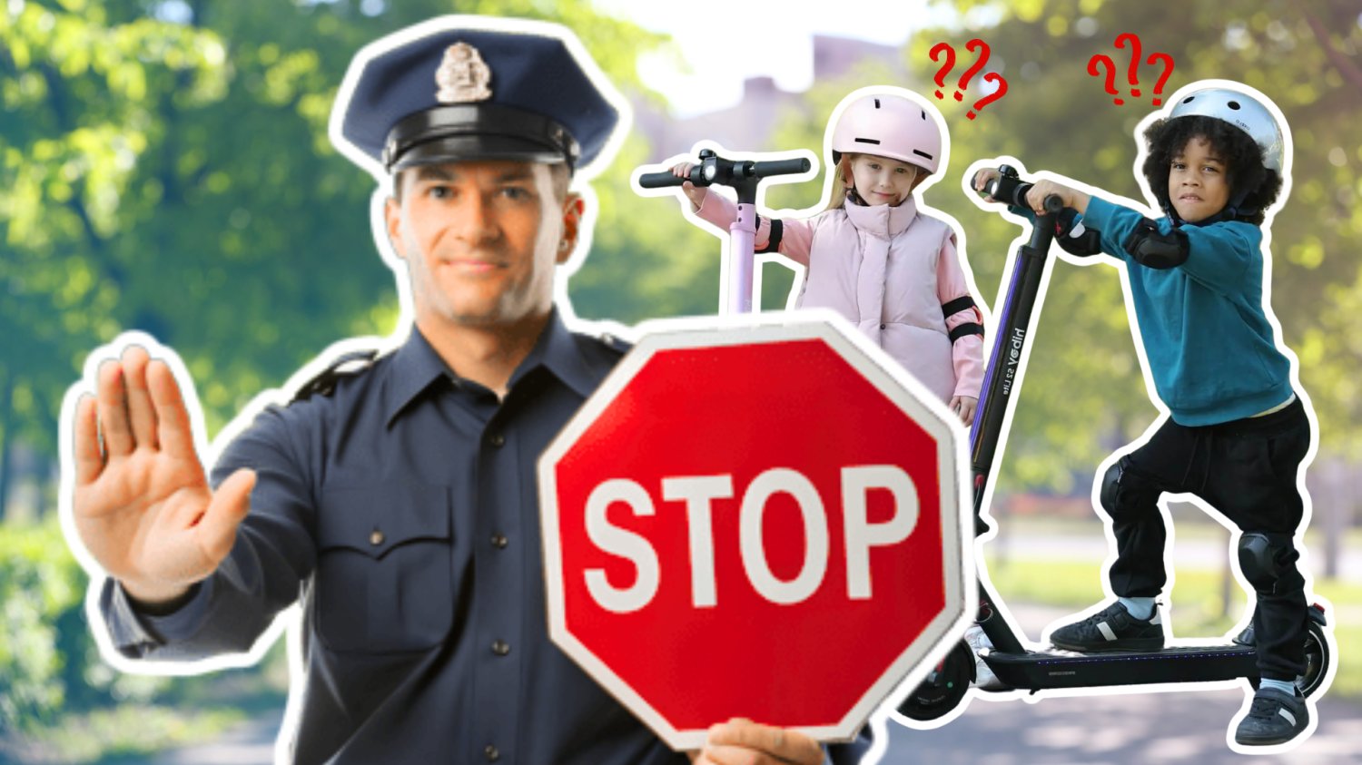 Dzieci na hulajnogach elektrycznych. Nad głowami znaki zapytania. Z przodu policjant ze znakiem stop. W tle park.